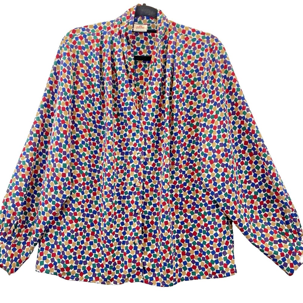 Bleyle Geometric Square Print‎ Blouse Women 16 Multicolor Excellent Vintage 80s